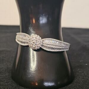 JTV Sterling Silver CZ Baguette & Cluster Statement Bangle Bracelet 925